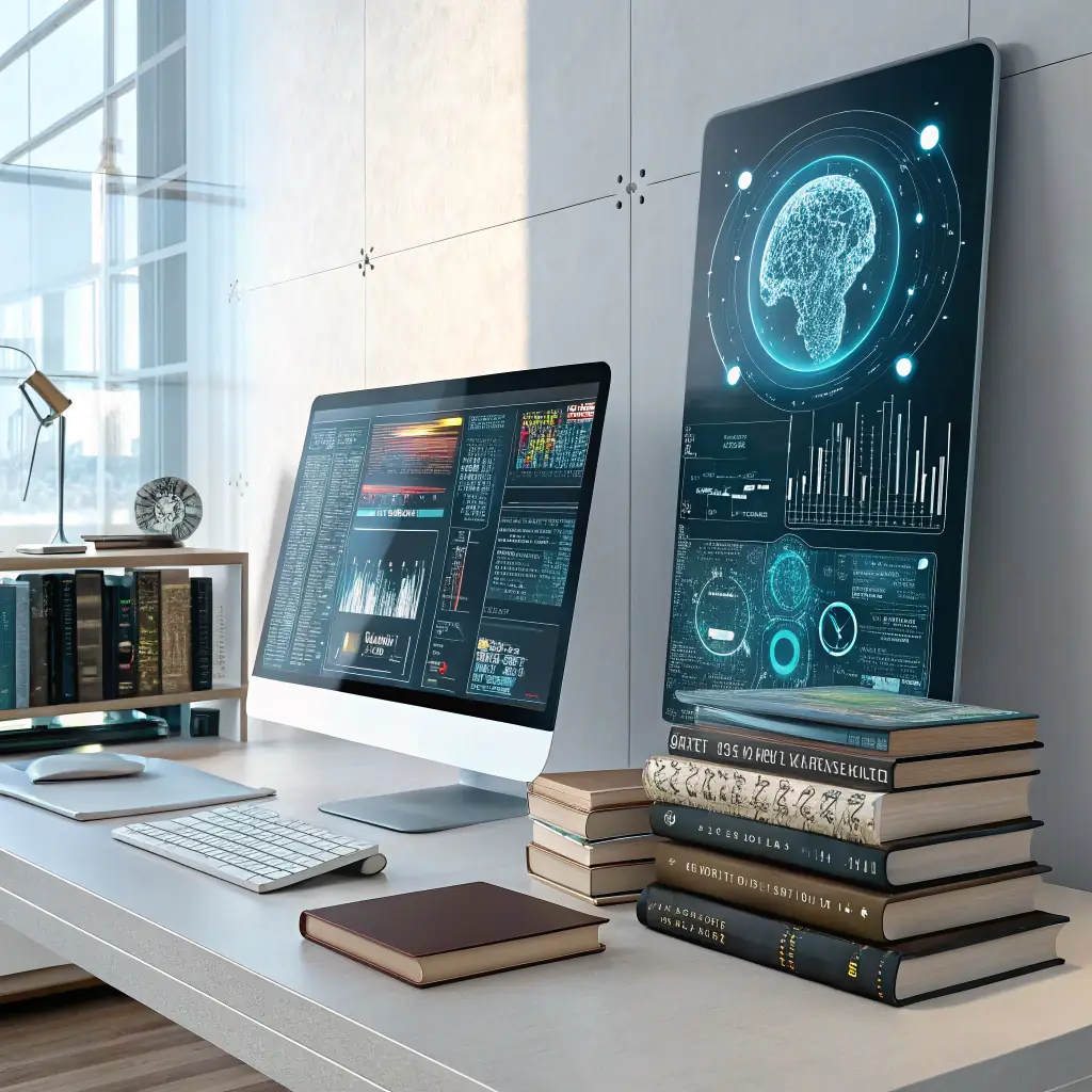 A dynamic image depicting a fusion of human creativity and AI elements working together under an "AI-Powered Innovation" theme. A futuristic DeLorean is subtly integrated, and a vibrant scene from a Texas State Park is part of the creative output displayed on screens.