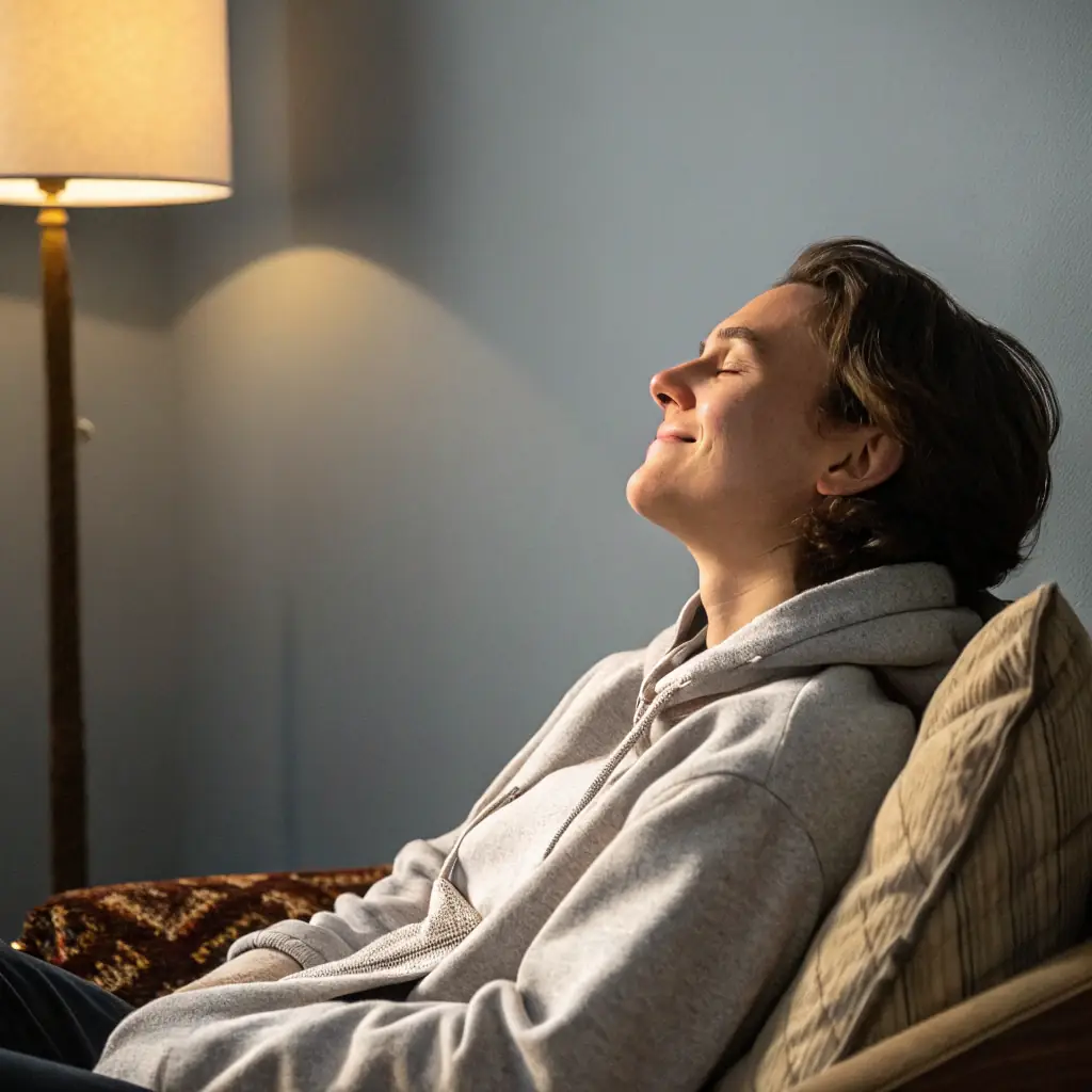 A person relaxing on a comfortable couch in a dimly lit room, enjoying the calming effects of cannabis. The scene should evoke a sense of peace and tranquility, highlighting the relaxing properties of Jokerz Flower.