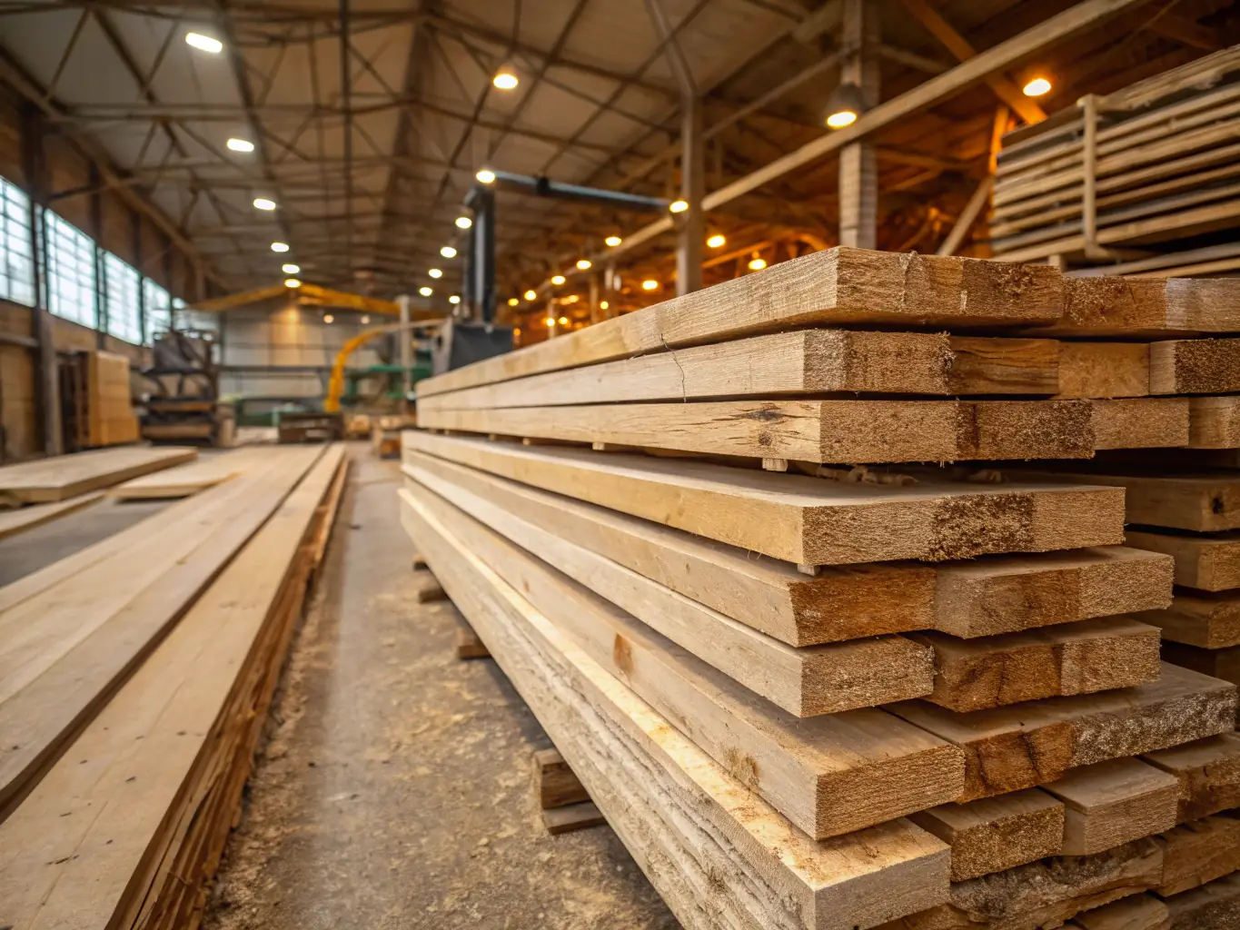 A professional timber processing facility with kiln-dried Douglas fir products, showcasing timber stacks and processing equipment