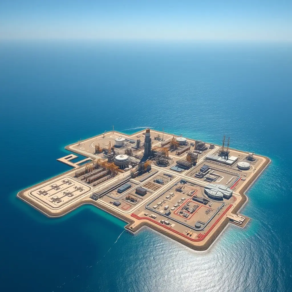 Aerial view of Tanajib Aramco Plant with the Persian Gulf in the background.