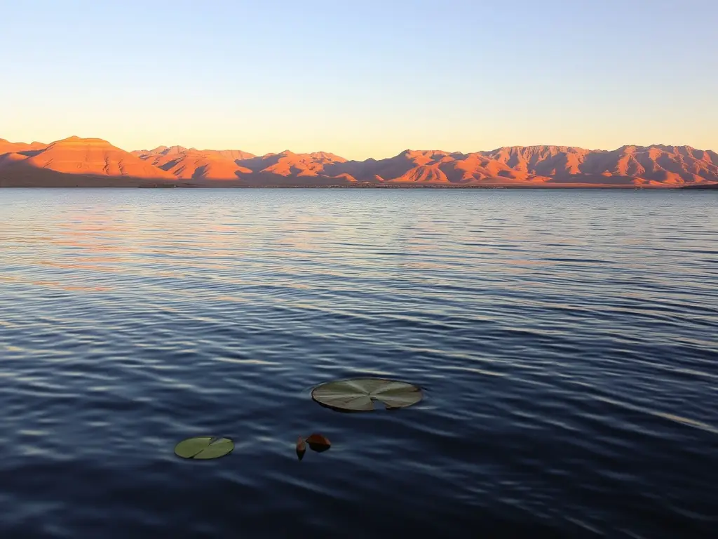 Serene Utah lake at sunrise, reflecting golden light and surrounded by mountains.