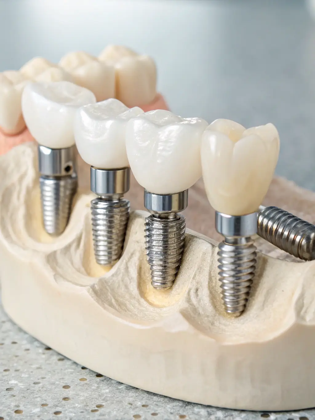 Image of implant-supported dentures securely attached to dental implants in a patient's mouth, demonstrating the stability and improved bite force, captured during a dental procedure.
