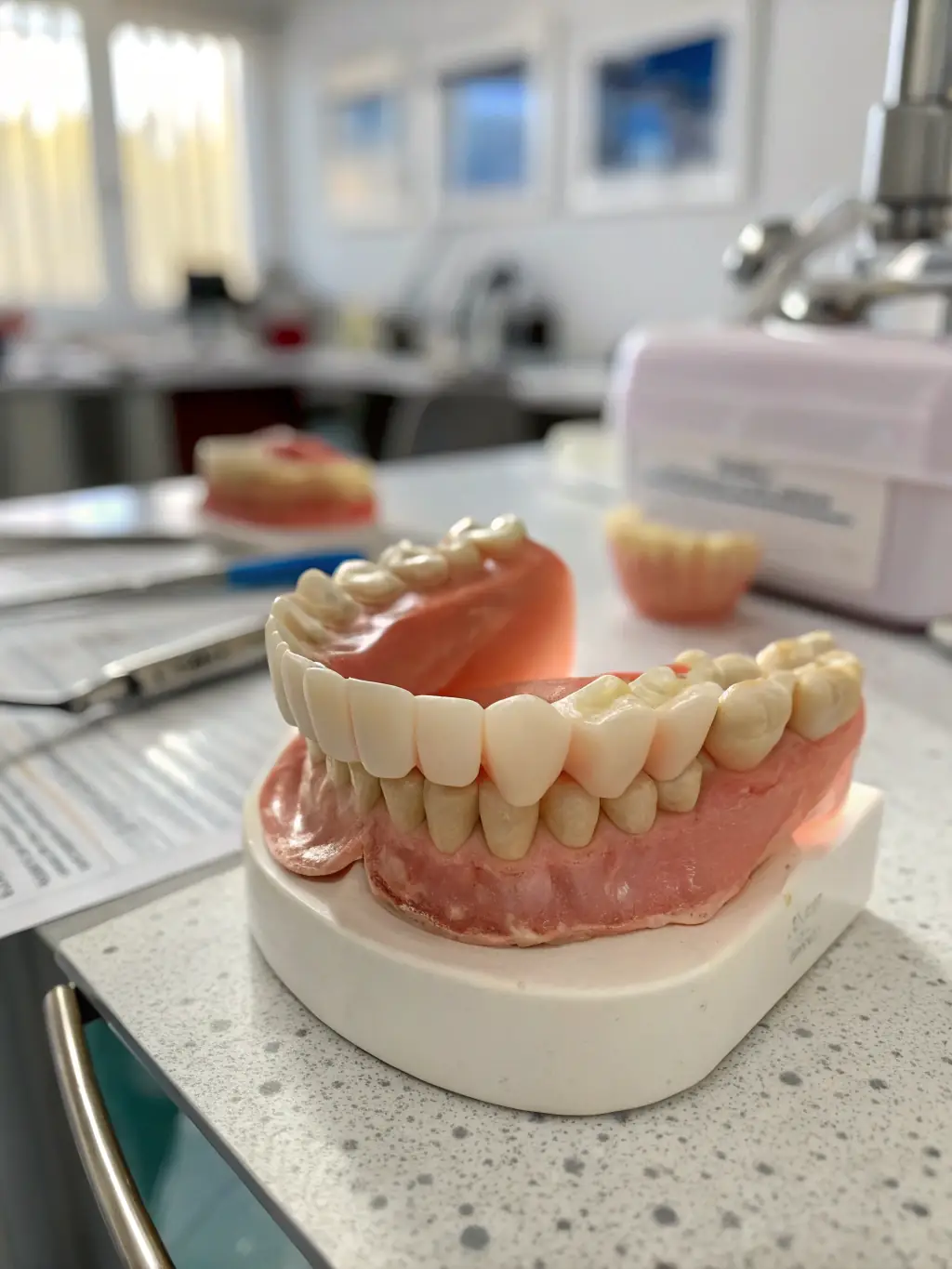 Close-up of a flexible denture, emphasizing its soft, gum-colored material and lightweight design, displayed on a dental tray with professional lighting.