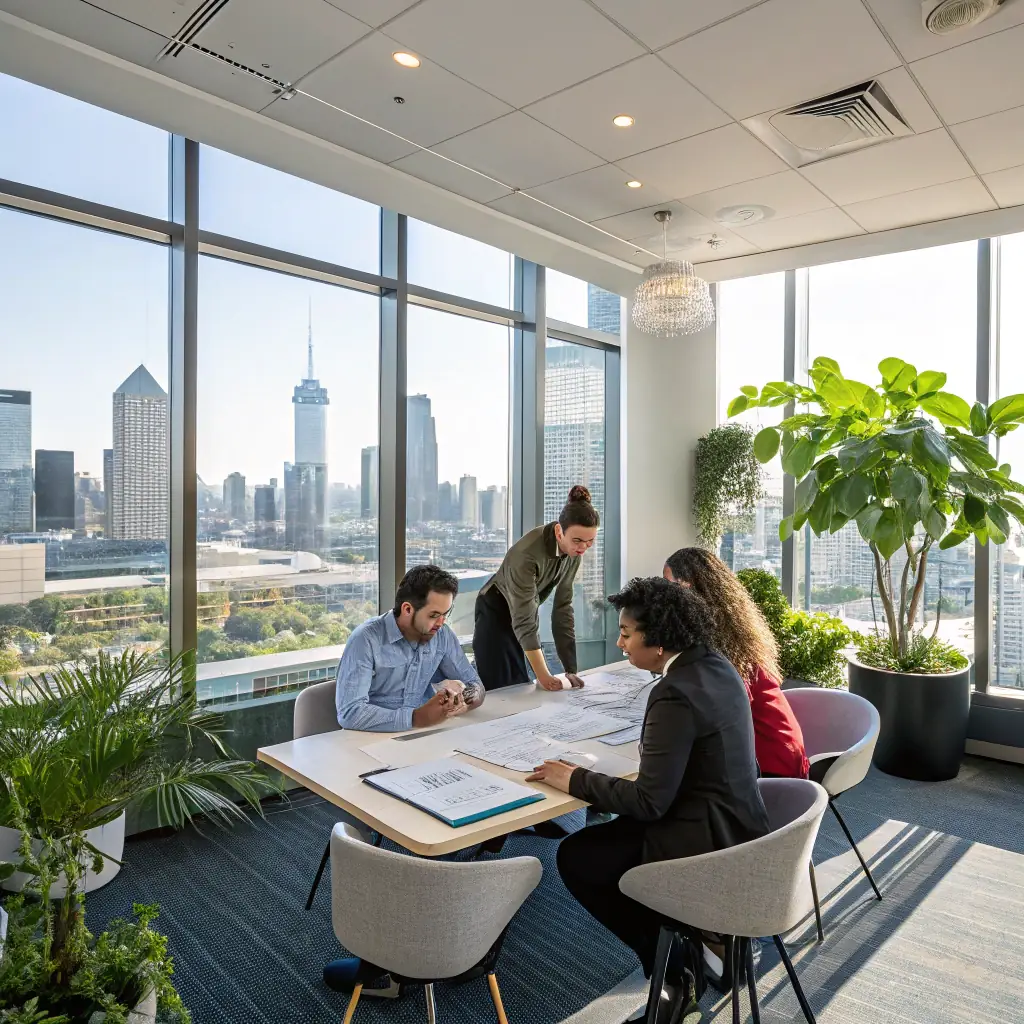 A modern office space with KFD agents collaborating on laptops, showcasing a vibrant and supportive work environment.