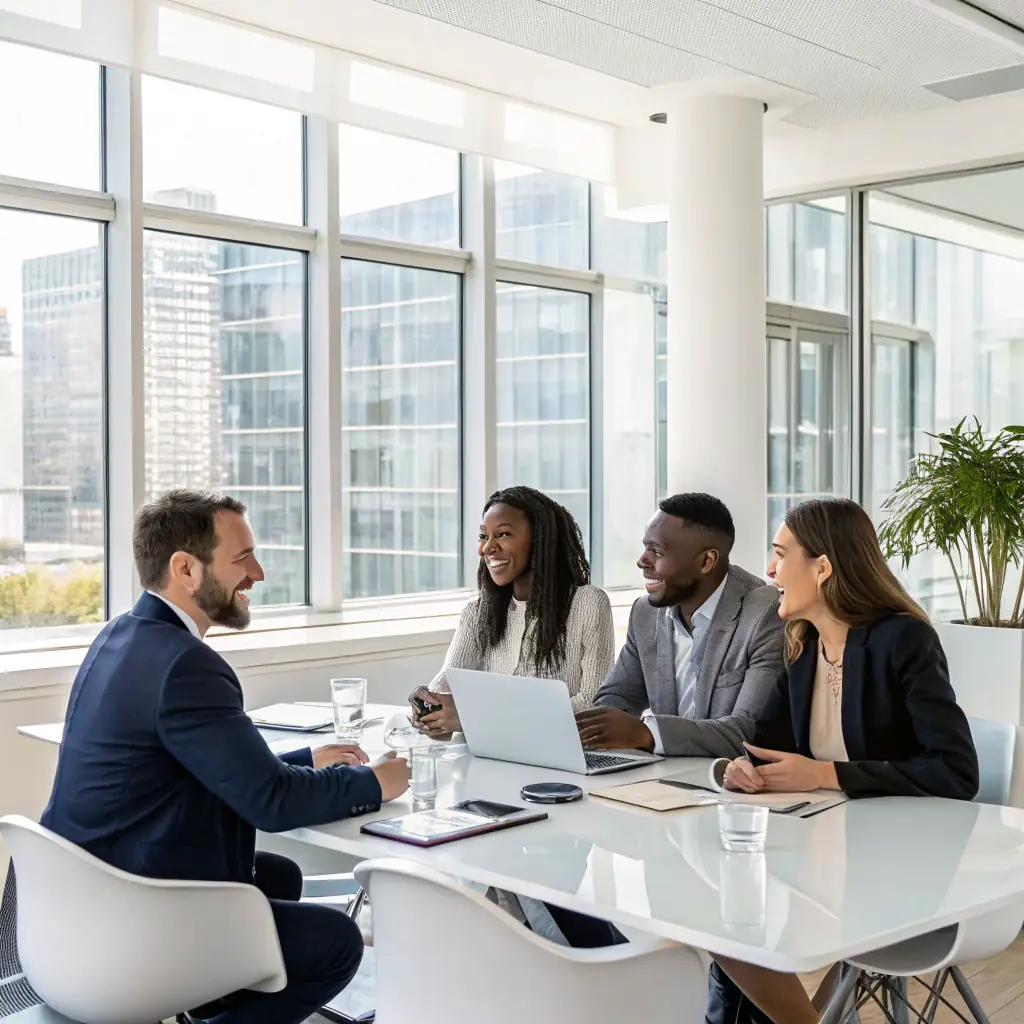 A professional office setting with diverse professionals collaborating on business, legal, and financial matters, symbolizing integrated solutions.