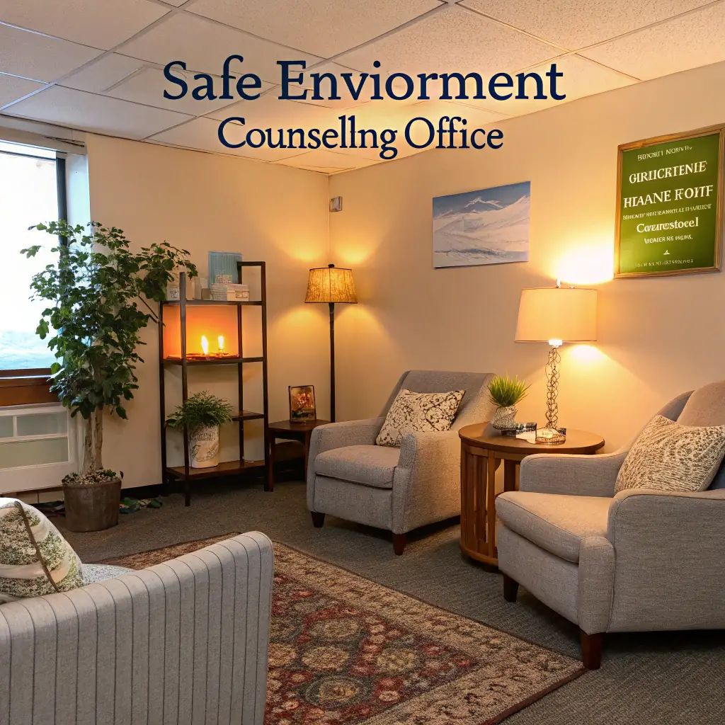 portrait of Dr. Nova Day in a warm, inviting counseling setting, emphasizing her calm demeanor, faith-based approach, and supportive environment