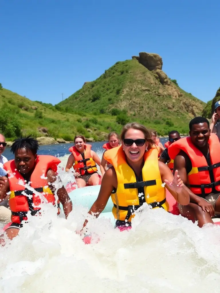 An adventurous image of tourists white-water rafting on the Nile River in South Sudan, promoting an adventure tour offered by South Sudan Horizons.