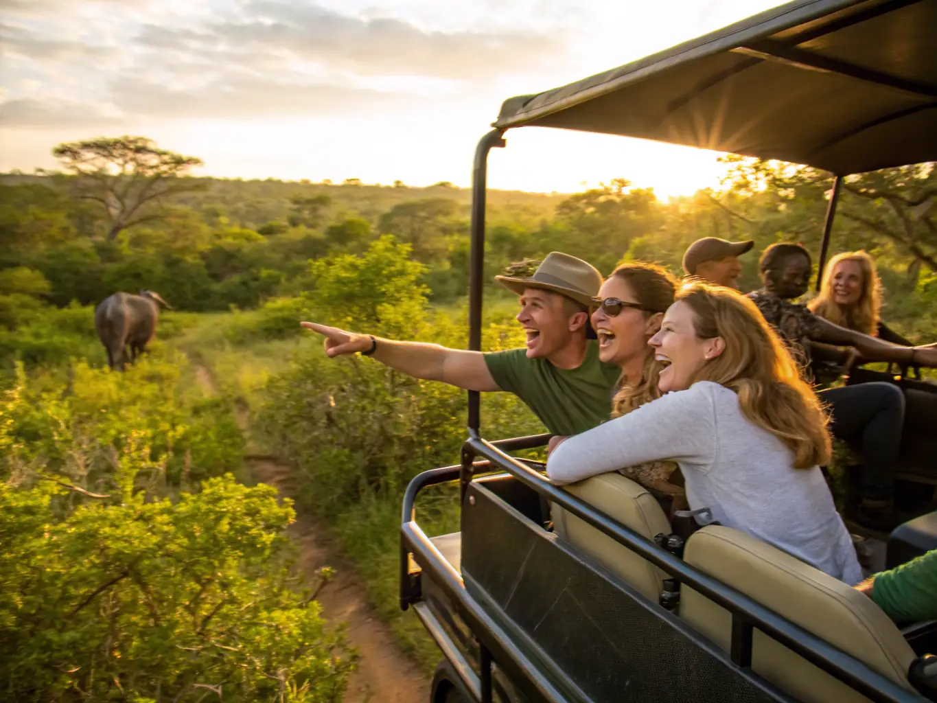 A group of tourists taking pictures of a giraffe in the savanna during a wildlife tour.