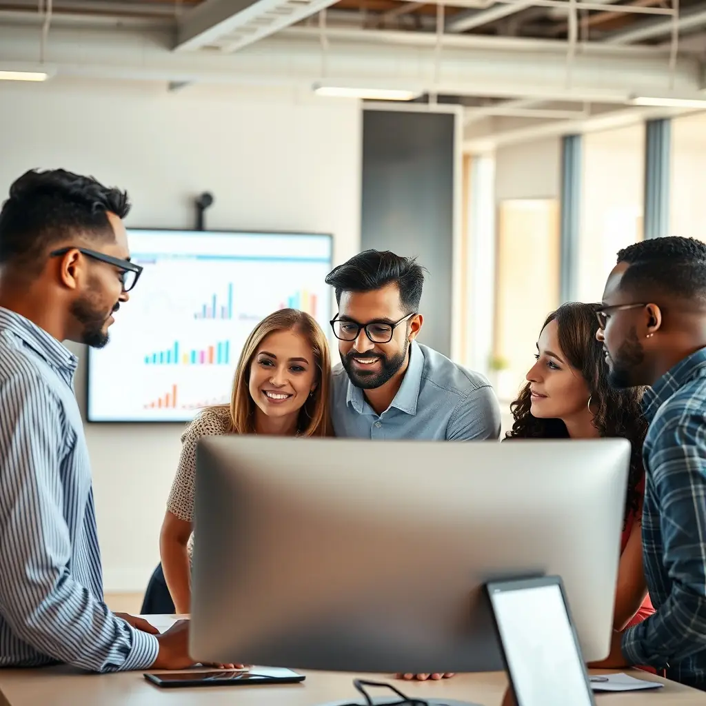 A diverse group of people collaborating around a large screen displaying local SEO performance metrics for an online store, showcasing increased website traffic and sales within specific geographic areas.