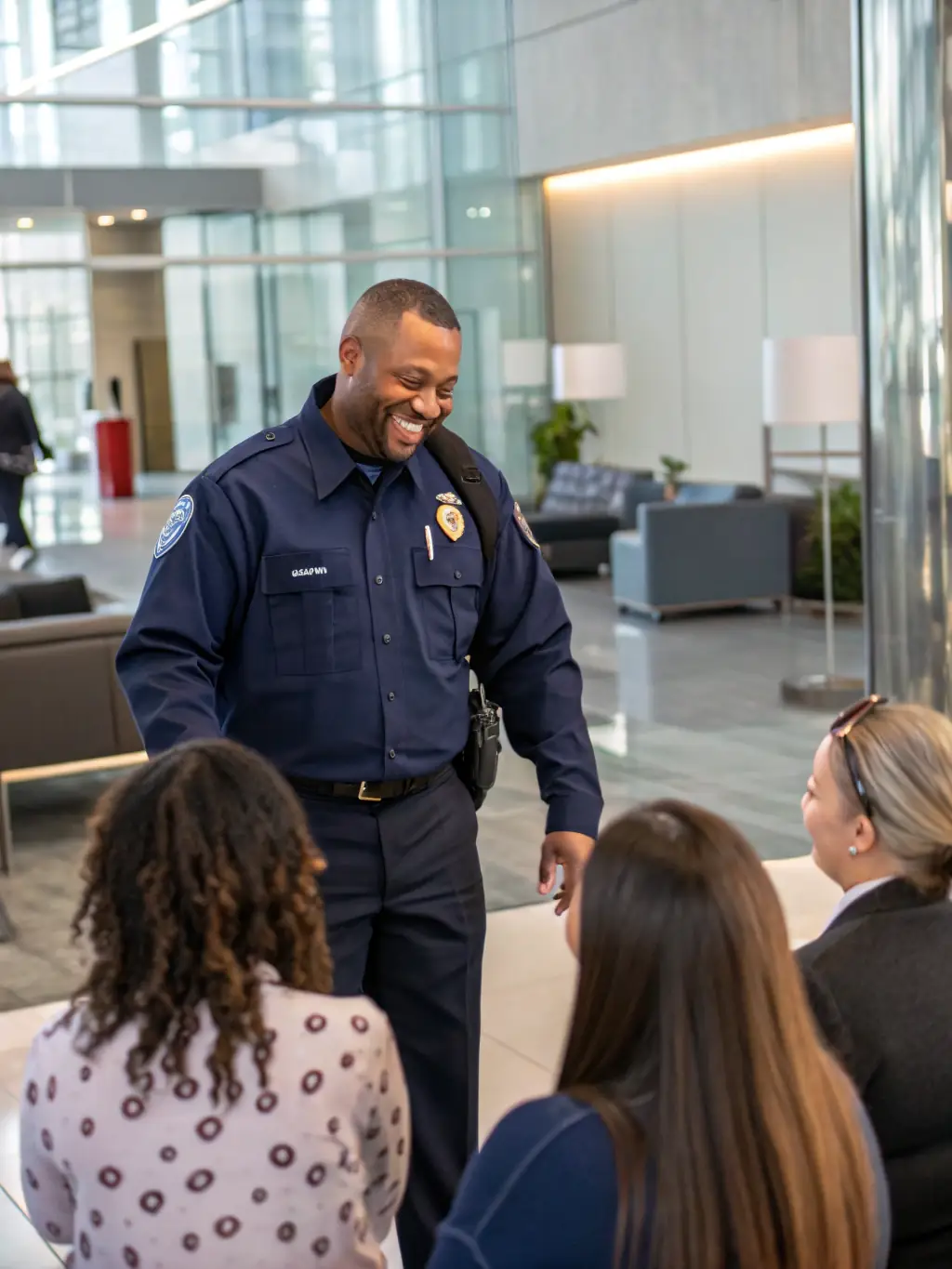 A professional security officer in uniform standing guard in a corporate lobby, projecting authority and trustworthiness.