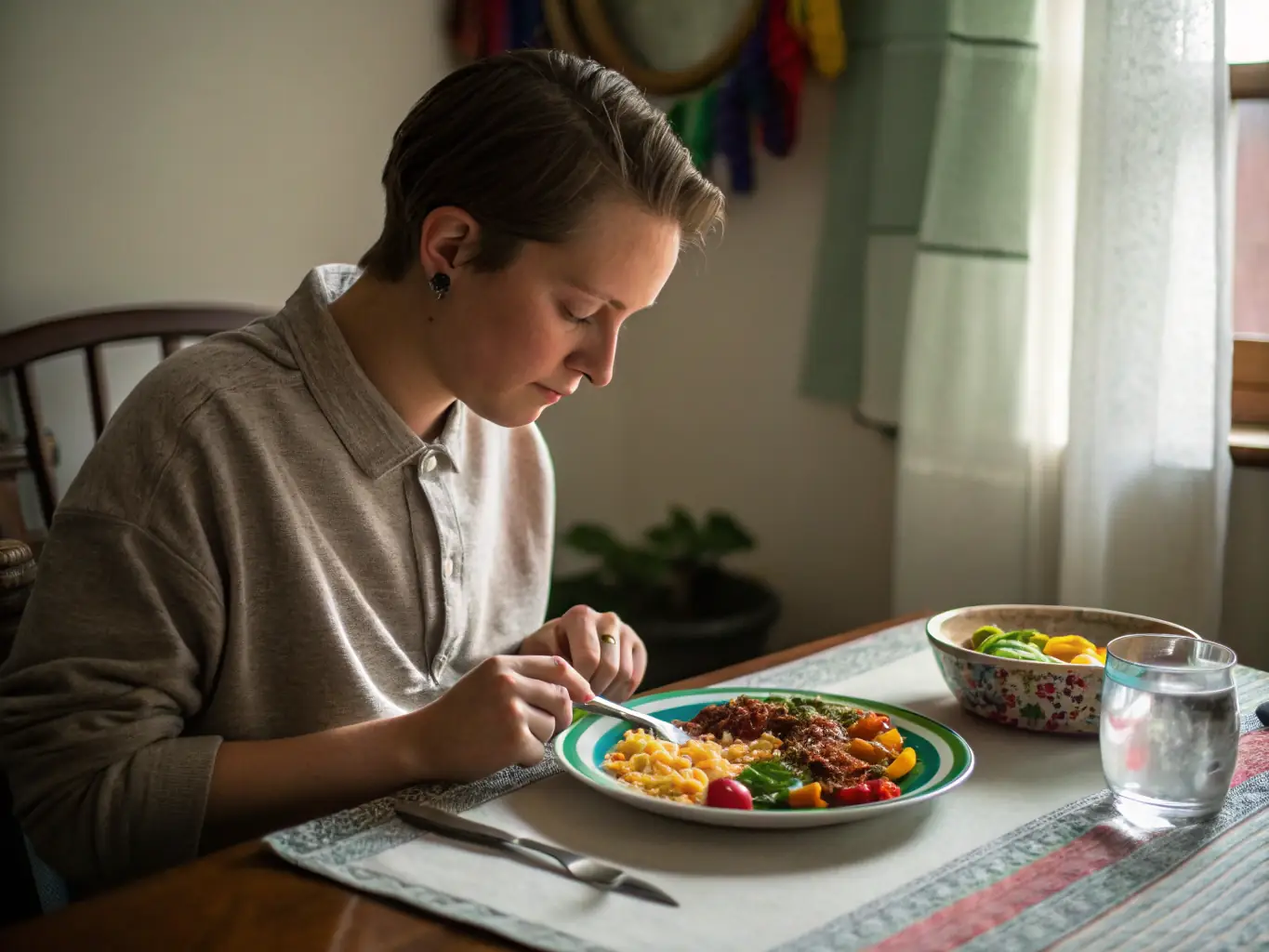 A close-up shot of a person enjoying a delicious meal, with a focus on the vibrant colors and textures of the food. The person has a relaxed and happy expression, suggesting that they are experiencing the enhanced taste and enjoyment associated with cannabis consumption.