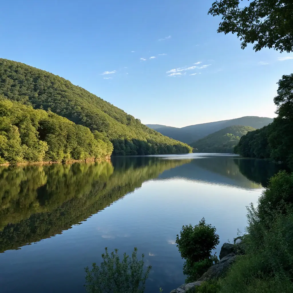 a calming image of a peaceful river flowing through a mountain landscape during sunrise, symbolizing tranquility and healing, suitable for the about section of a mental health services website