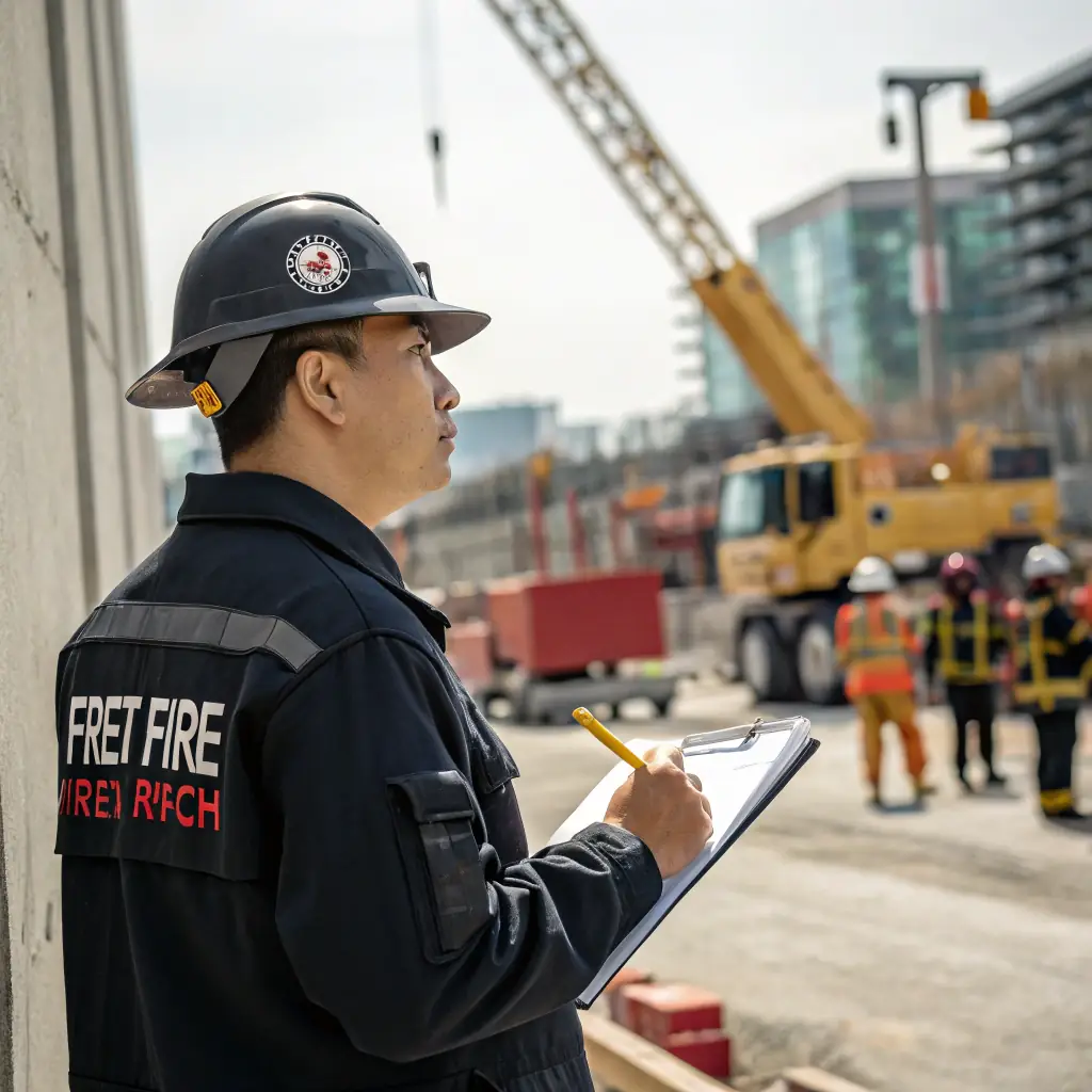 A security guard attentively monitoring a construction site with welding activities, ensuring fire safety protocols are followed.