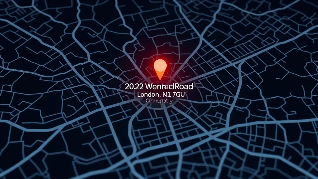 A minimalistic, modern map (dark theme / night mode) with streets and landmarks visible in subtle grey/white lines. The address “20-22 Wenlock Road, London, England, N1 7GU” is highlighted with a custom marker (a glowing dot).