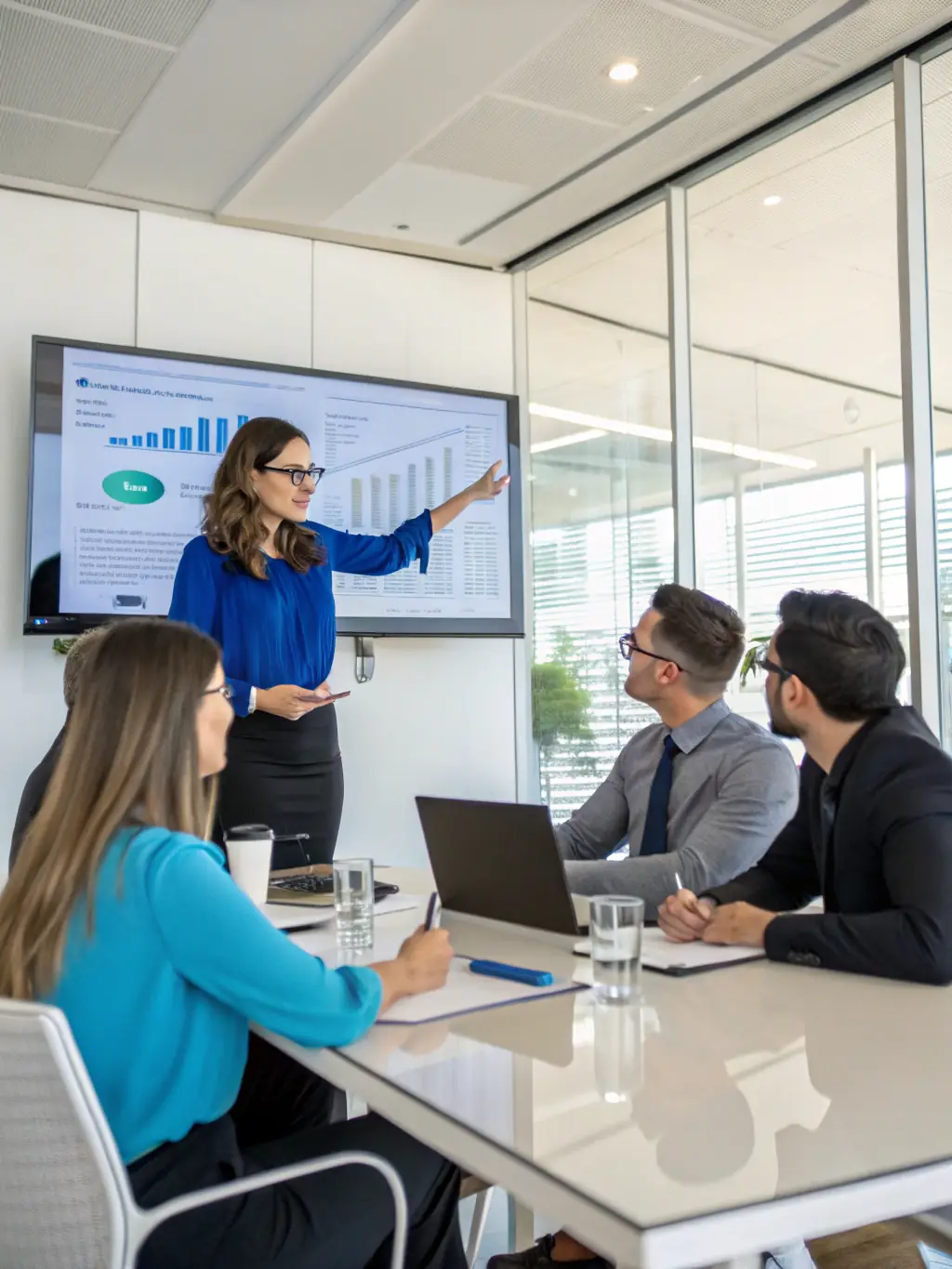 A professional photograph of a consultant leading an ADA compliance training session for a group of employees in a modern office setting. The consultant is pointing to a slide on a projector screen that reads 'Understanding ADA Guidelines'.