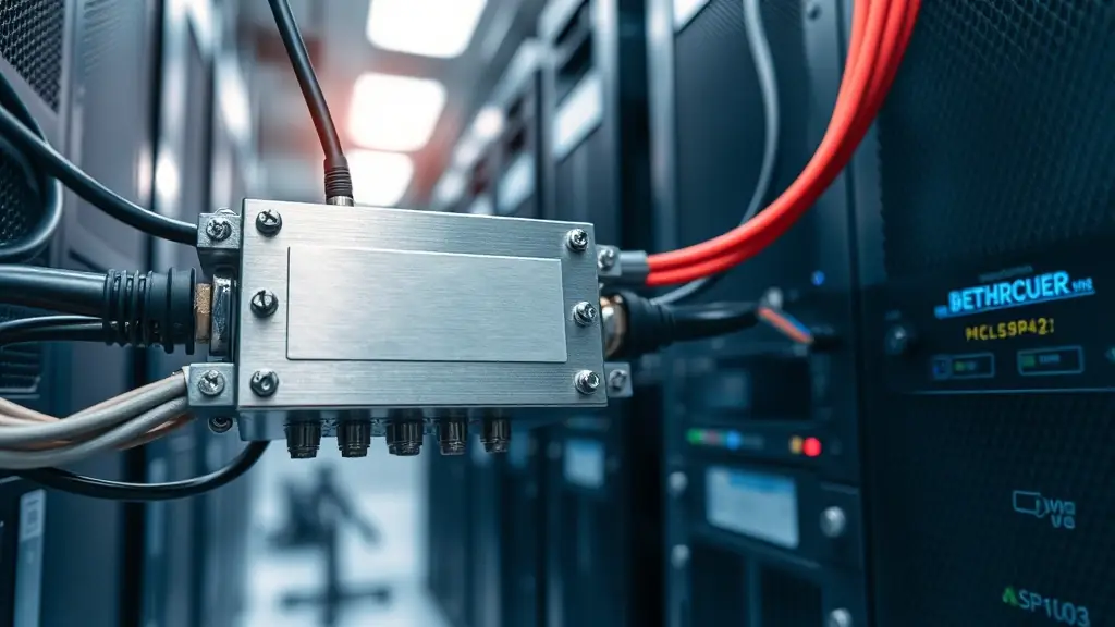 High-resolution image of a microstrip power splitter and grounding kit setup, showcasing professional installation in a telecom environment.