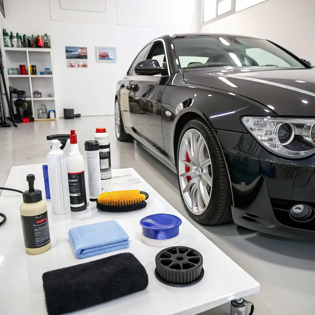 A gleaming, freshly washed car with polished tires parked in front of the FINE GUYS Auto shop, showcasing the results of their services.