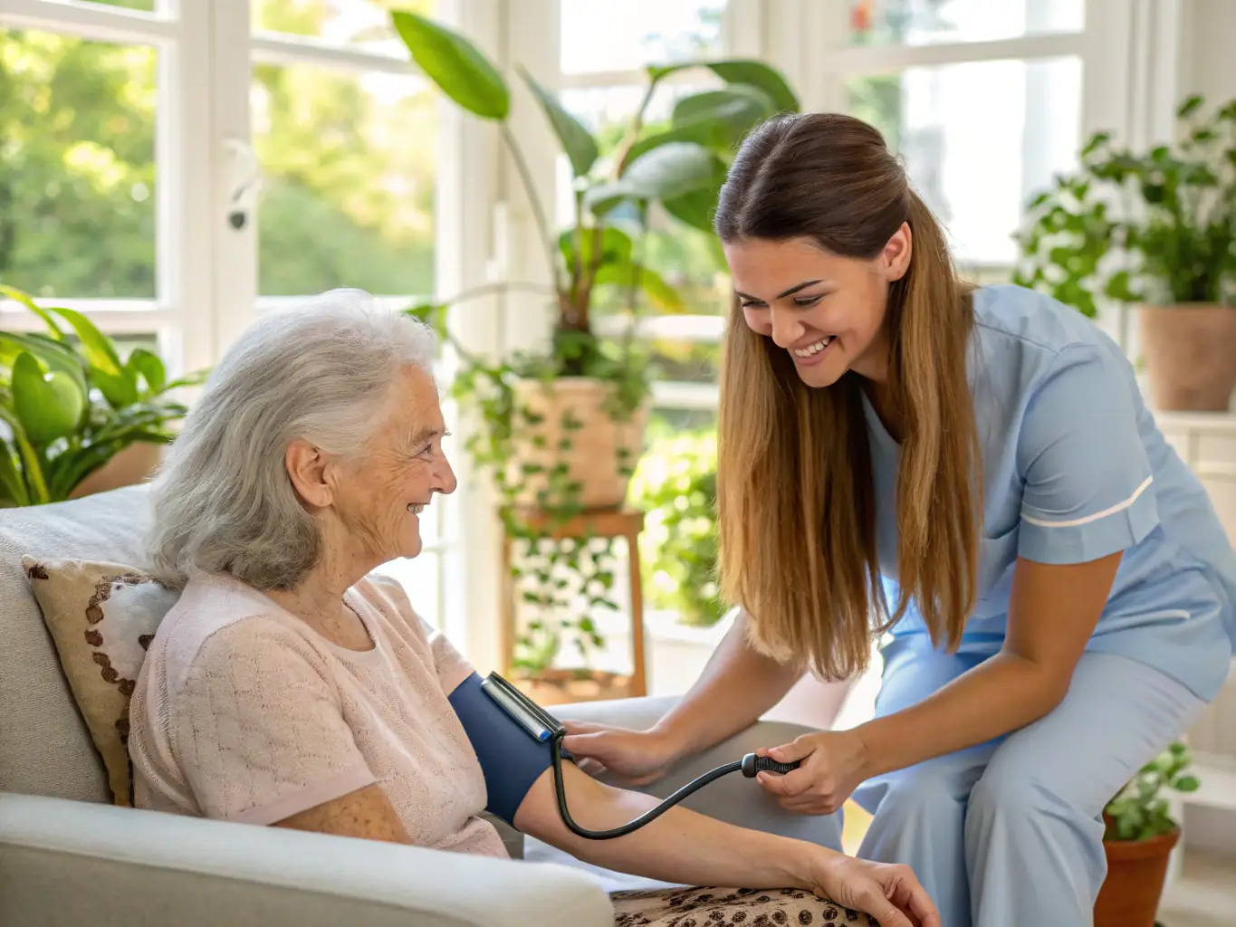 A compassionate nurse tending to a patient in a comfortable home setting, symbolizing personalized care and dedication.