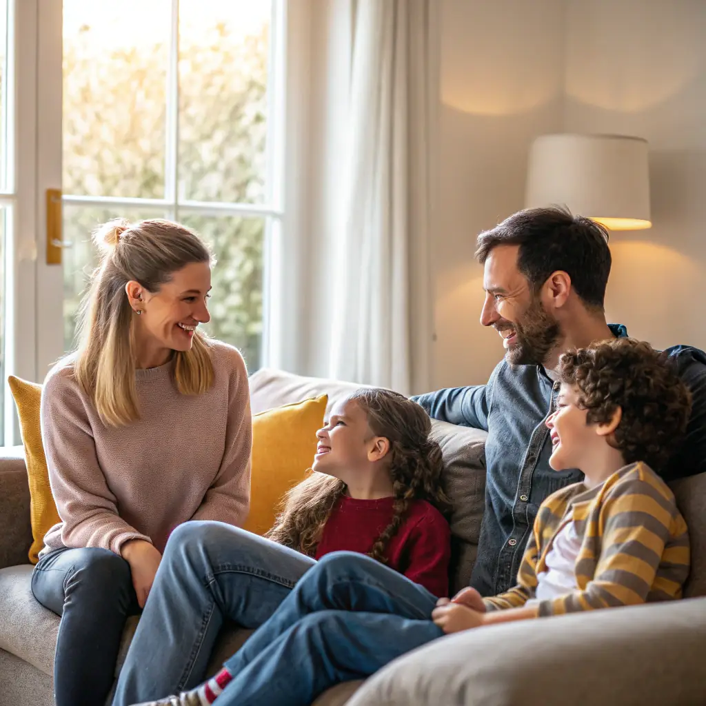 A happy family in their living room, warm lighting, focus on togetherness and security, suggesting the peace of mind that comes with having a solid estate plan.