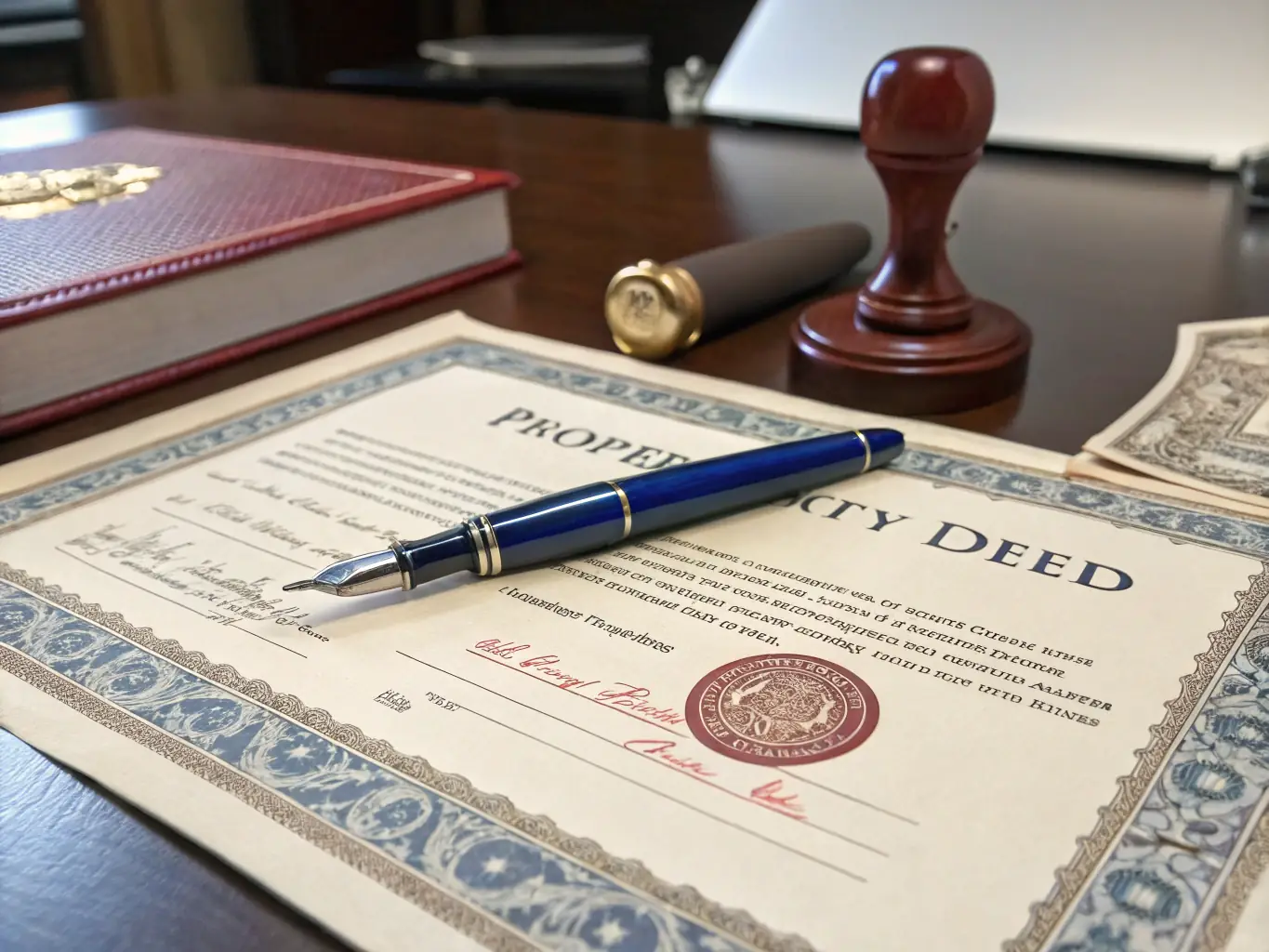 A deed of trust document with a gavel and a pen on top of it, symbolizing legal agreement and trust.