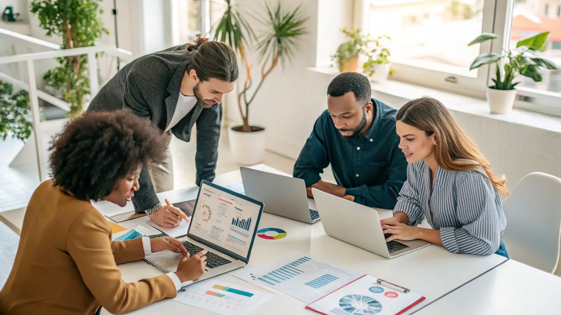 A professional team working on digital marketing strategies, including Google and Facebook campaigns, and providing IT consulting and account management services for marketplace success.