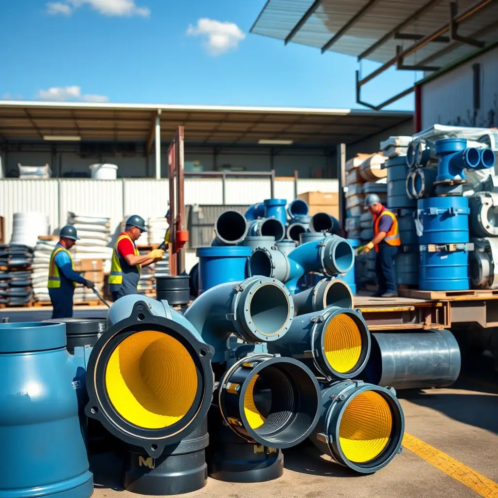 A professionally taken photo of Polyethylene fittings being carefully loaded onto a truck, showcasing the secure packaging and handling procedures used by Azarakhsh Novin Mehregan Javid.
