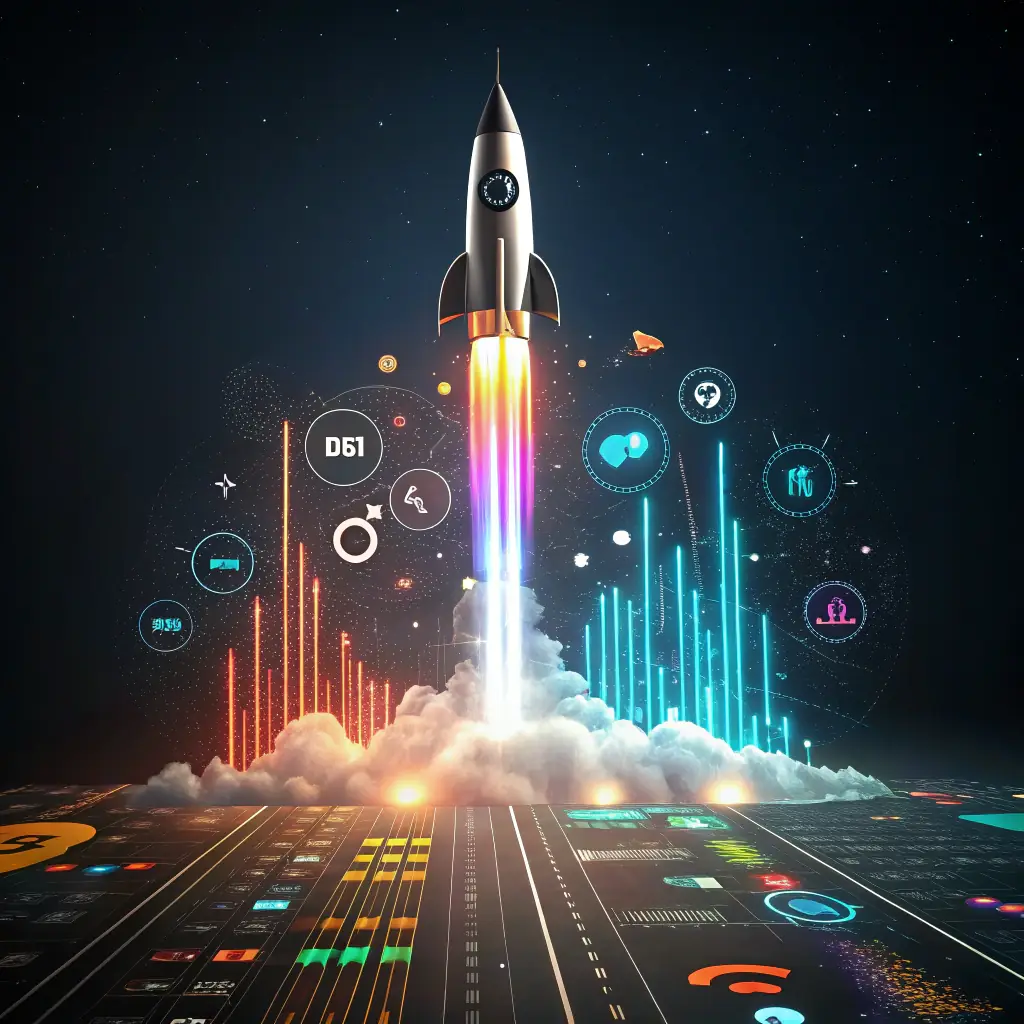 A futuristic image depicting a rocket launchpad with various digital icons floating around it, symbolizing SEO and digital marketing strategies. The scene should be vibrant and energetic, representing the dynamic nature of online marketing.