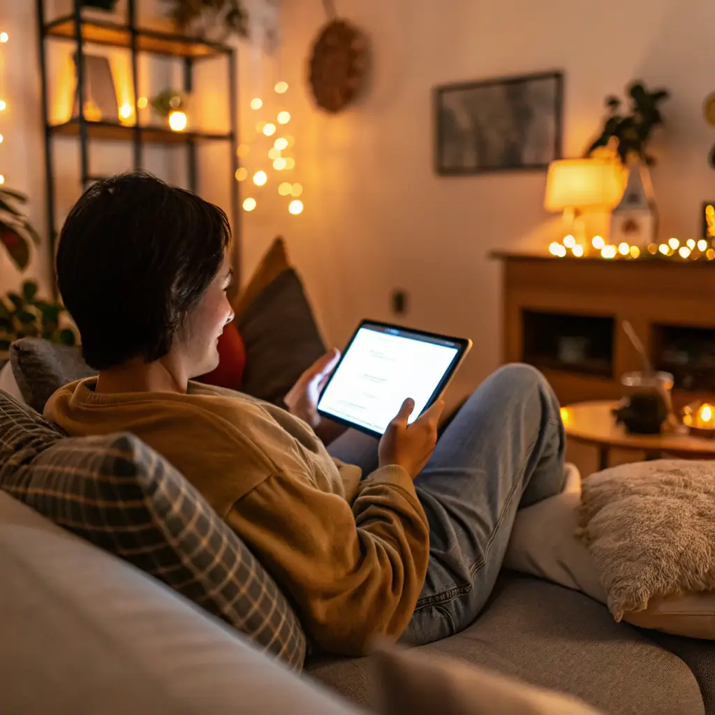 A person relaxing at home while using their phone to refer friends to a mobile car detailing service, showcasing the ease and convenience of earning money from home.
