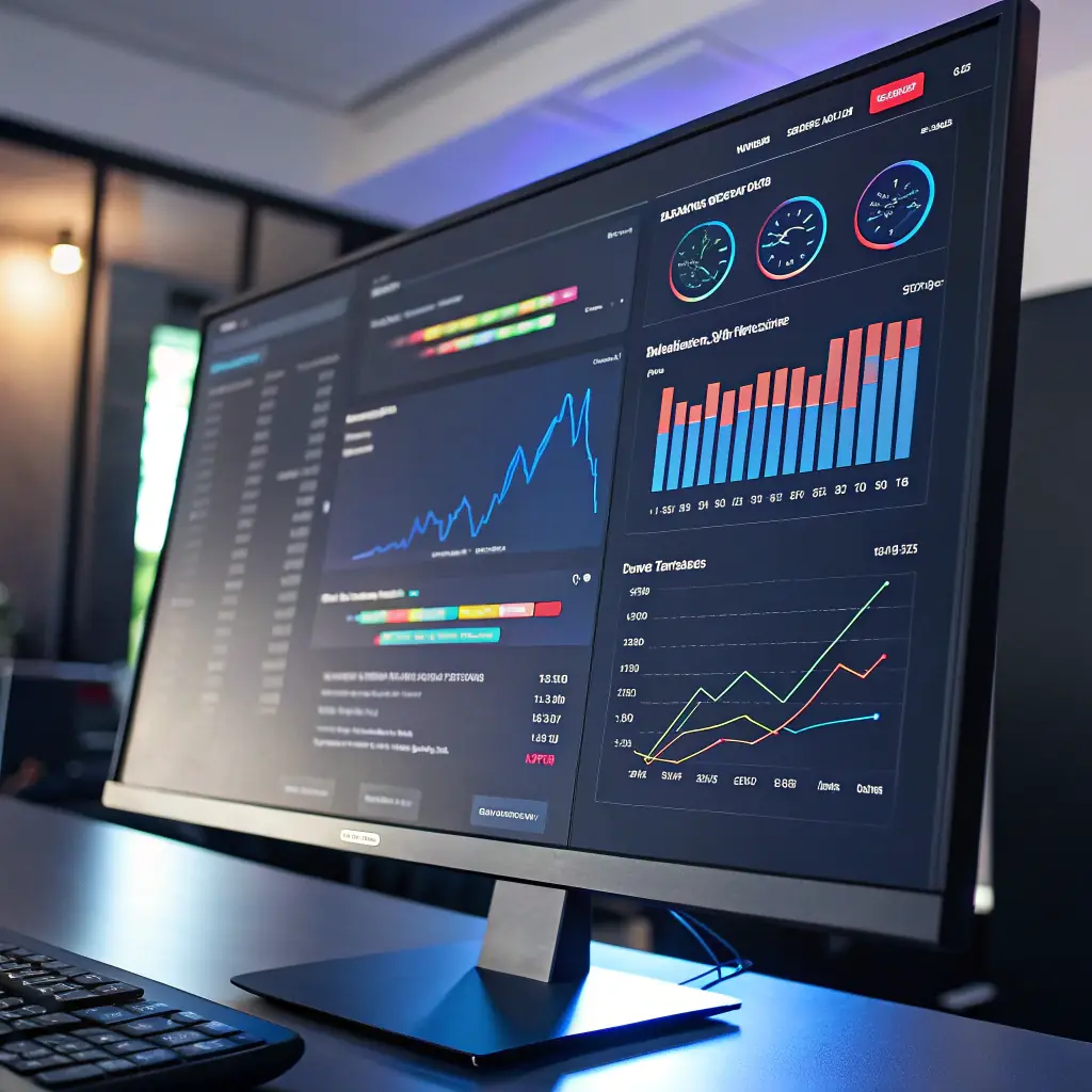 A vibrant image depicting a website being updated with fresh content, showcasing improved SEO rankings and increased traffic. The scene should include elements like charts trending upwards, a magnifying glass focusing on keywords, and happy customers interacting with the website on various devices.
