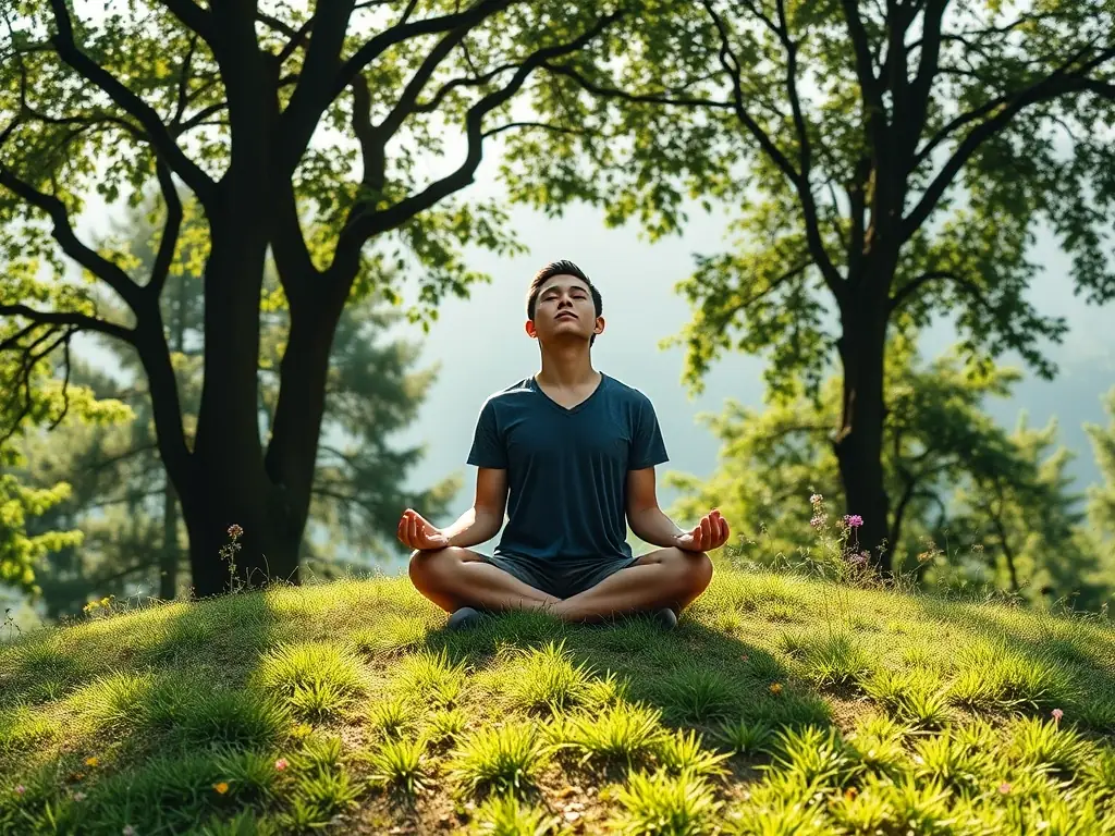 A person doing breathing exercises in a park.