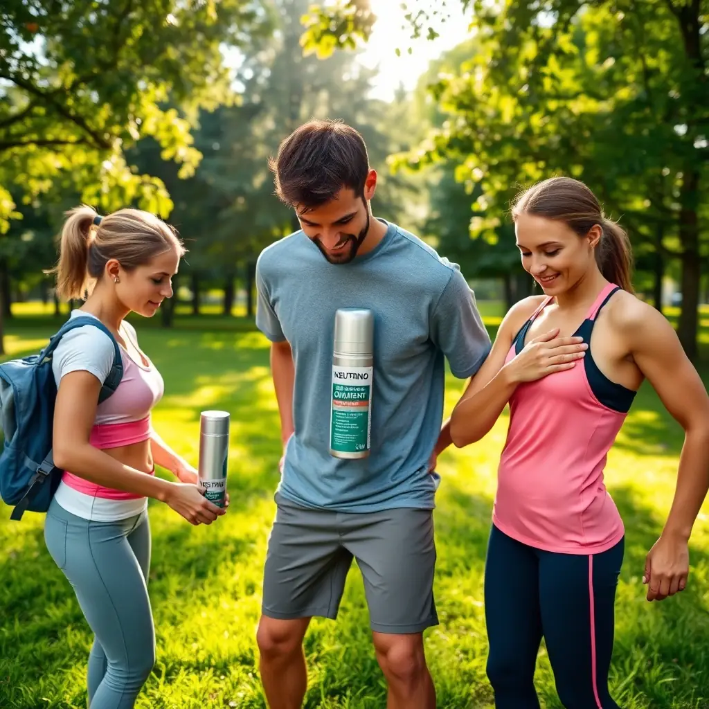 Image of 2-3 active people applying NEUTRINO Ointment roll-on to their muscles and joints, showcasing an active and everyday lifestyle.