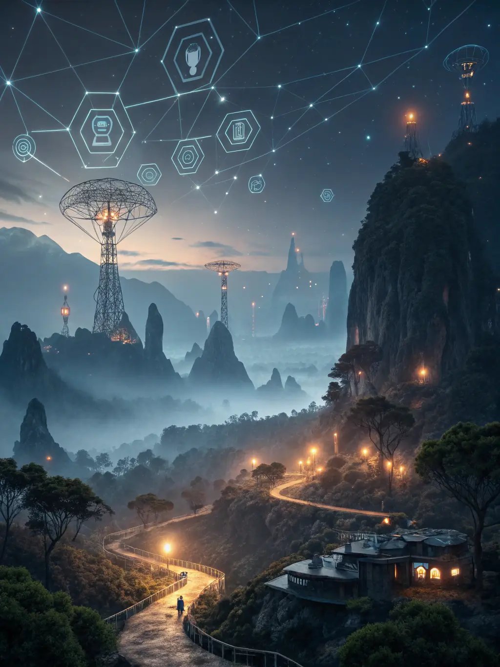 A futuristic, abstract image representing AI product development, with interconnected nodes and glowing lines, symbolizing innovation and technological advancement in Adaverse's services.