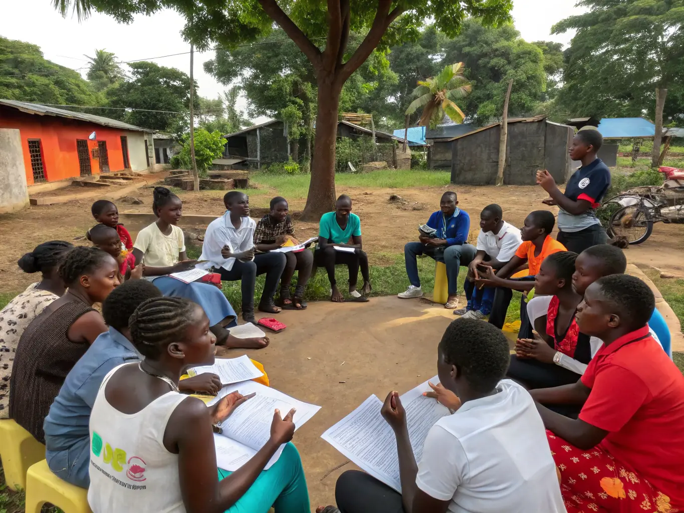 A group of diverse African youth are gathered outdoors, smiling and engaged in a lively discussion, symbolizing collaboration and empowerment.