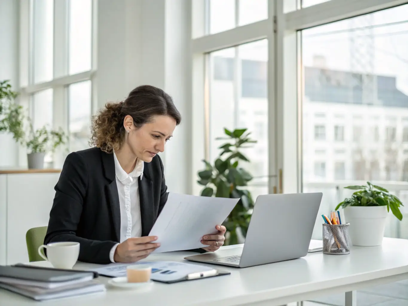 A legal document assistant working on a computer in a modern office setting.