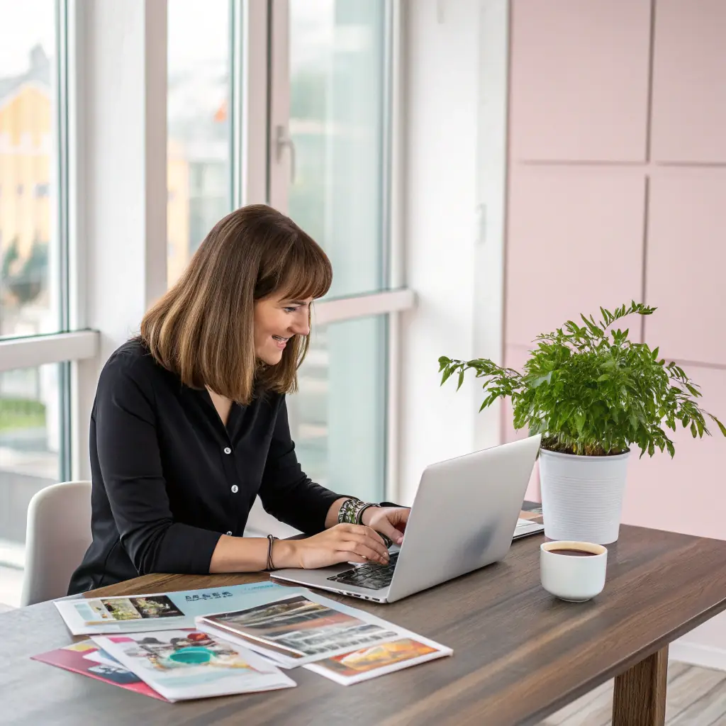 A person working on a computer with documents displayed on the screen, in a bright and modern office setting, symbolizing efficiency and professionalism.
