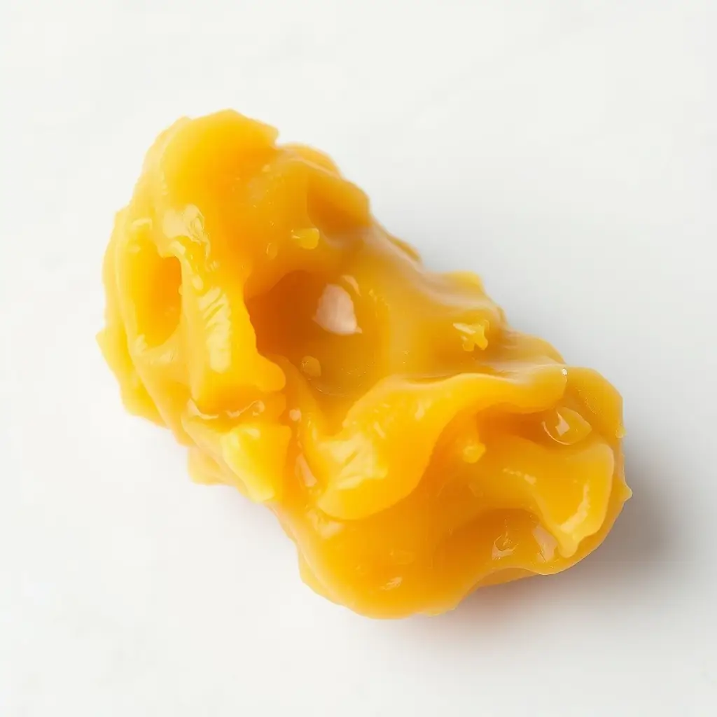 A close-up shot of Coco Chanel Crumble, a cannabis concentrate with a golden hue and crumbly texture, placed on a dark surface to highlight its color and texture.