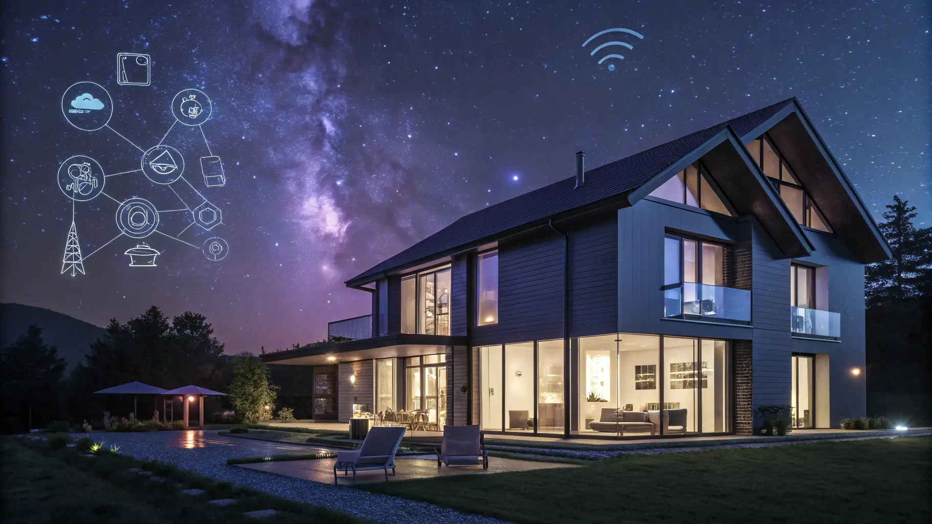 A sleek, modern digital artwork of a futuristic home with AI elements, symbolizing a digital hub for a Hollywood icon, used as a hero background image.