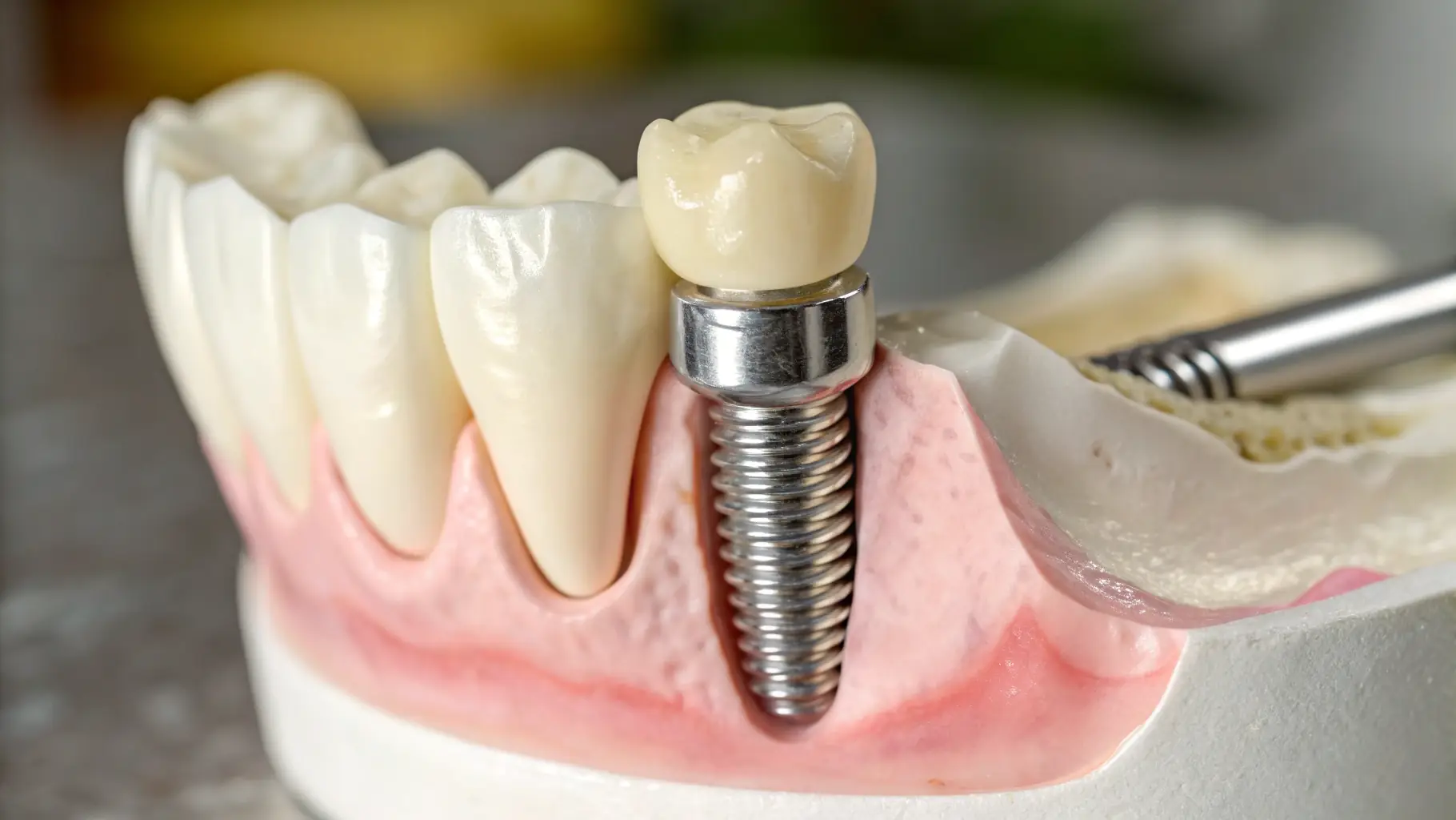 A close-up of All-on-6 dental implants in a patient's mouth, showcasing the natural-looking fixed smile.