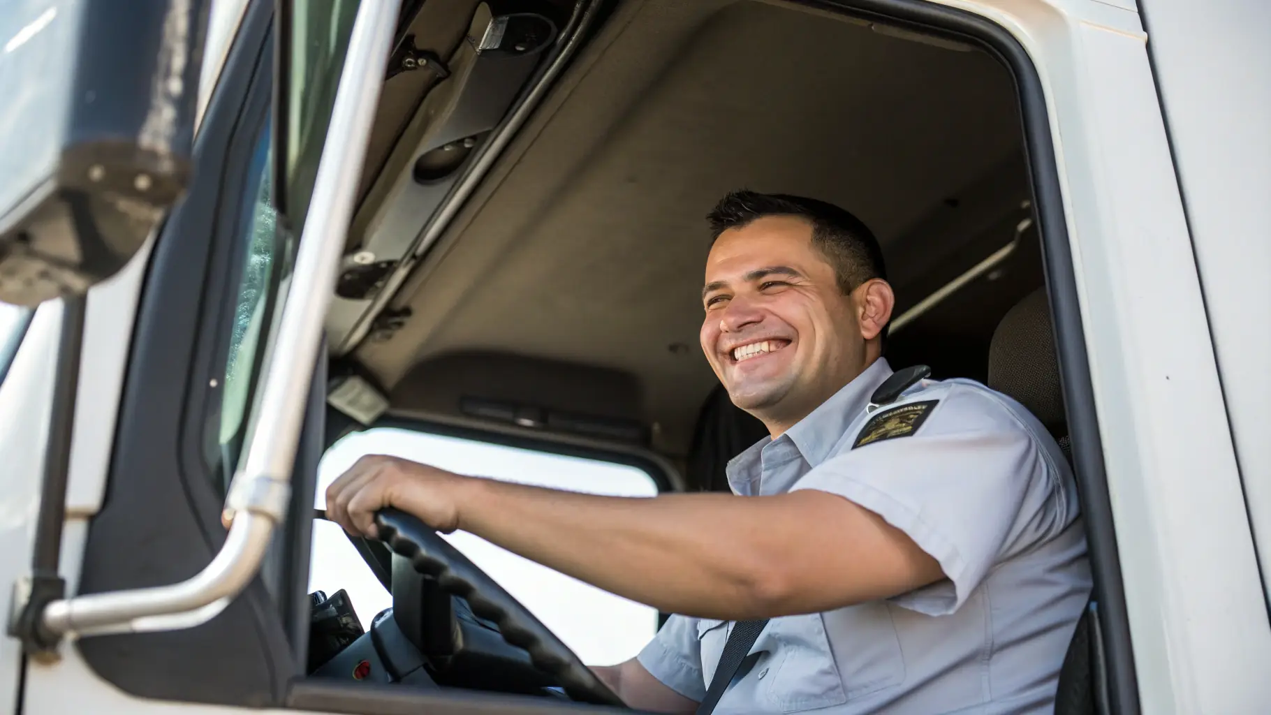 A professional truck driver in action, showcasing a modern fleet on the open road, representing the core of Allure Trucking's driver-focused services.