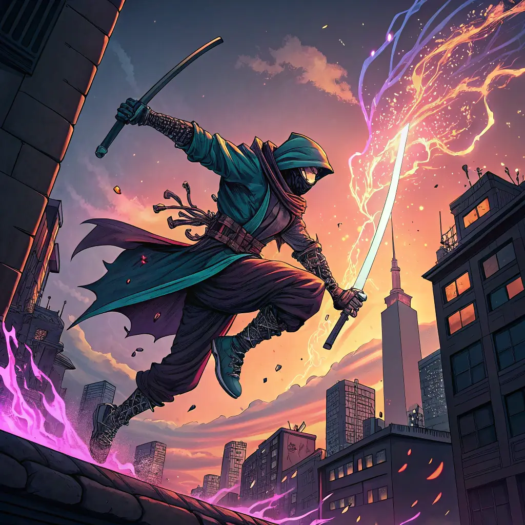 A dynamic, colorful illustration of Kamelion Studios' main webcomic character in an action pose, set against a solid green (#035919) background, evoking excitement and creativity for a comic publisher's hero section.