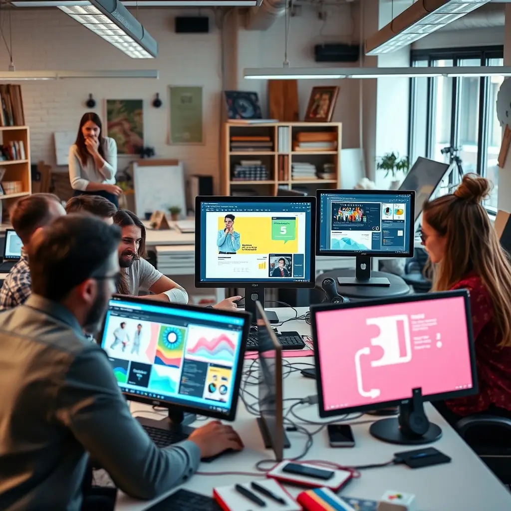 A team of designers and strategists collaborating on a digital interface, ensuring a seamless and integrated brand experience across all touchpoints. The image should convey a sense of collaboration, innovation, and attention to detail.