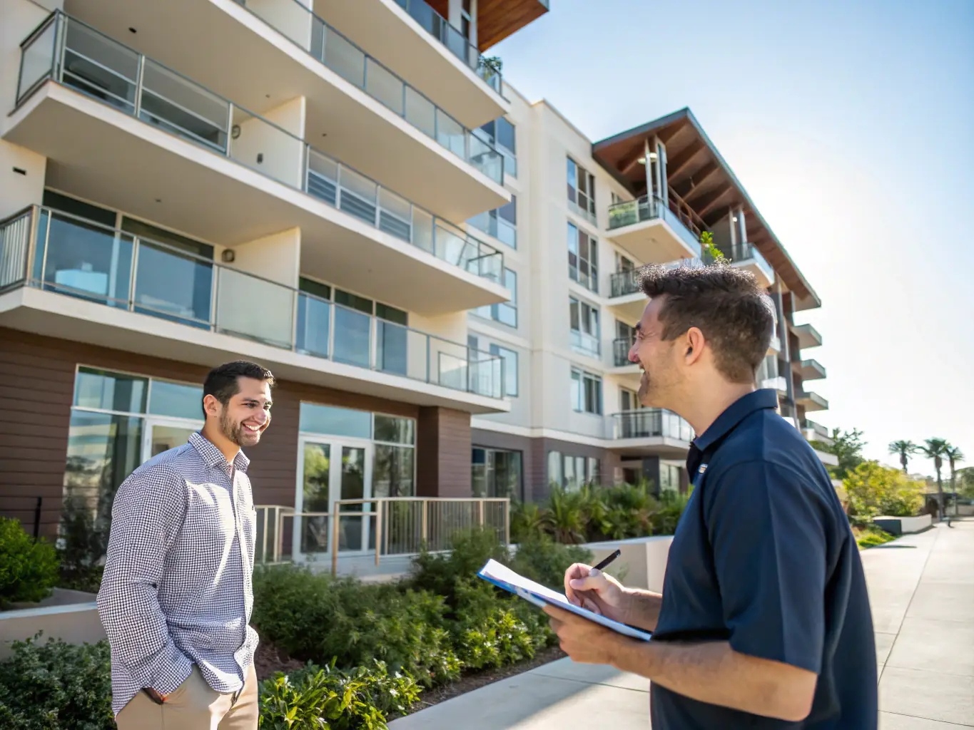 A modern apartment building with well-maintained landscaping, representing Palmeida's commitment to property value and tenant satisfaction.