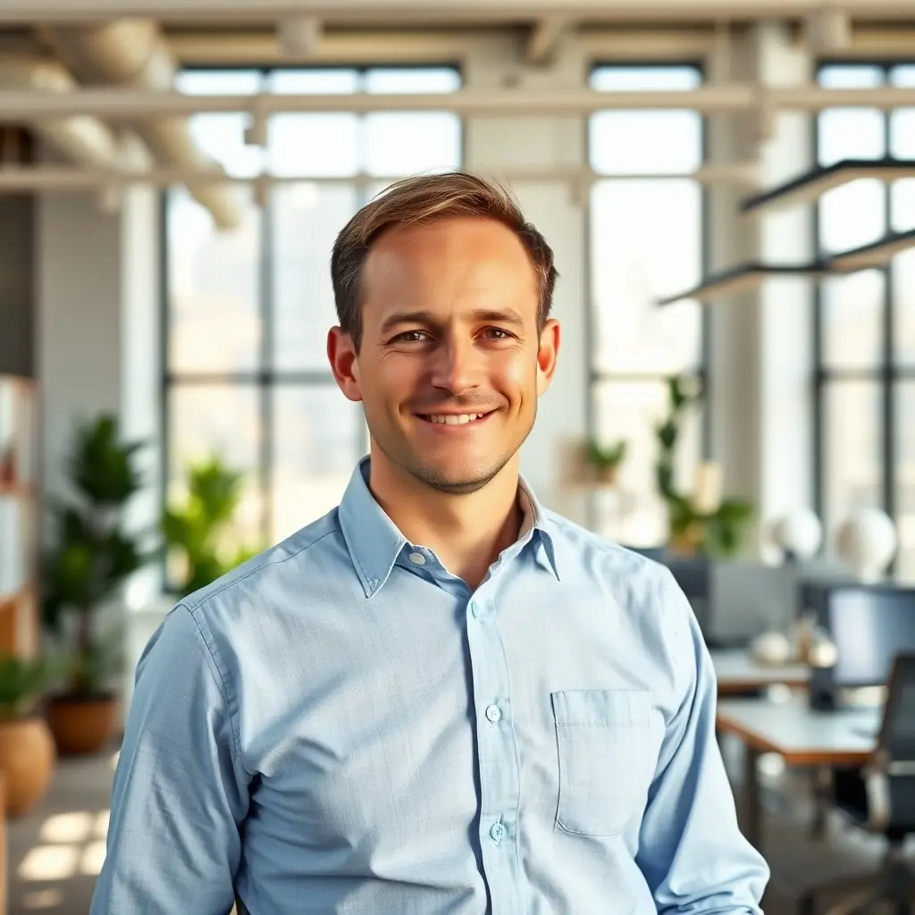 A confident man in his late 30s with short brown hair, wearing a modern blazer and a friendly smile, standing against a sleek office background.