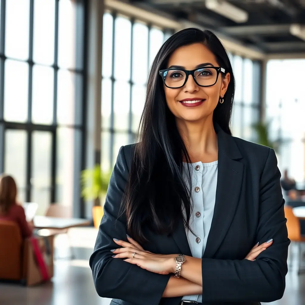 A professional woman in her early 30s with long black hair, glasses, and a smart-casual outfit, smiling confidently in a bright, tech-inspired workspace.