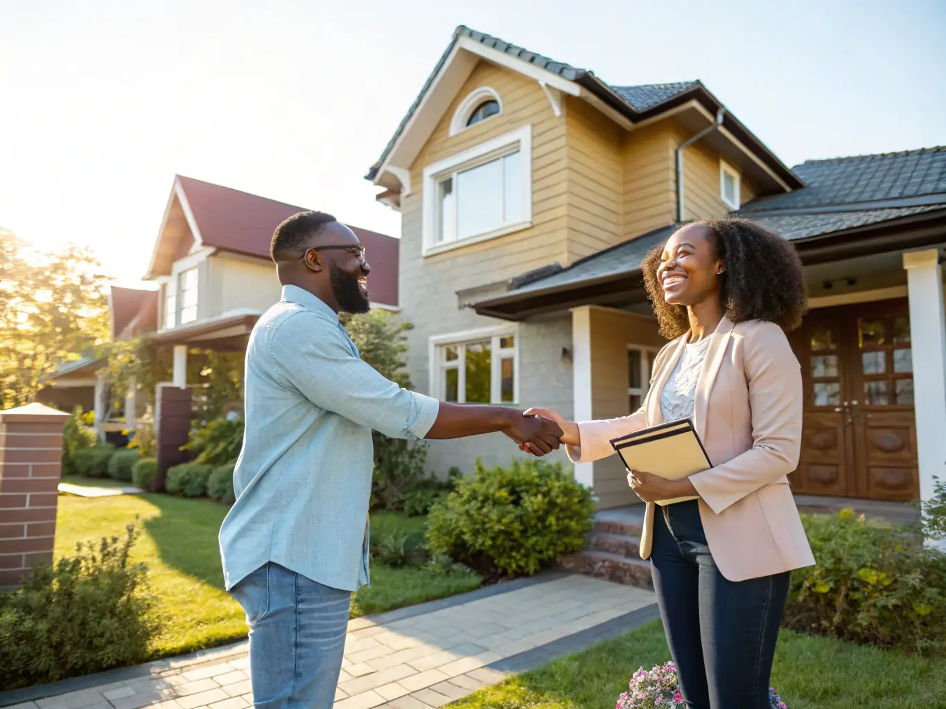 A professional image of a Nigerian real estate agent assisting clients, emphasizing trust and personalized service.