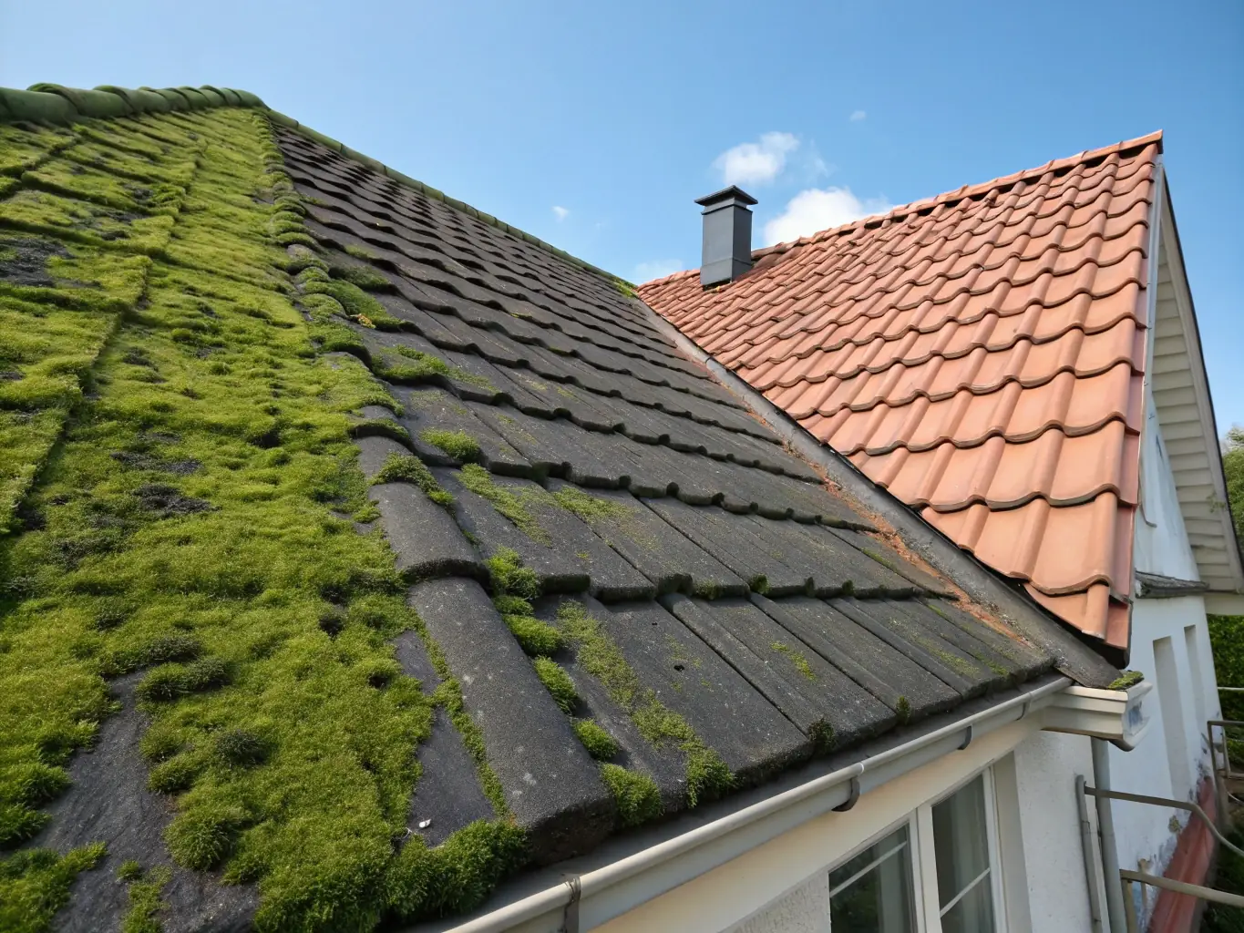 A close-up shot of a roof covered in moss and lichen, followed by a shot of the same roof after a soft washing treatment by Jet Wash Innovations, highlighting the gentle yet effective cleaning process.