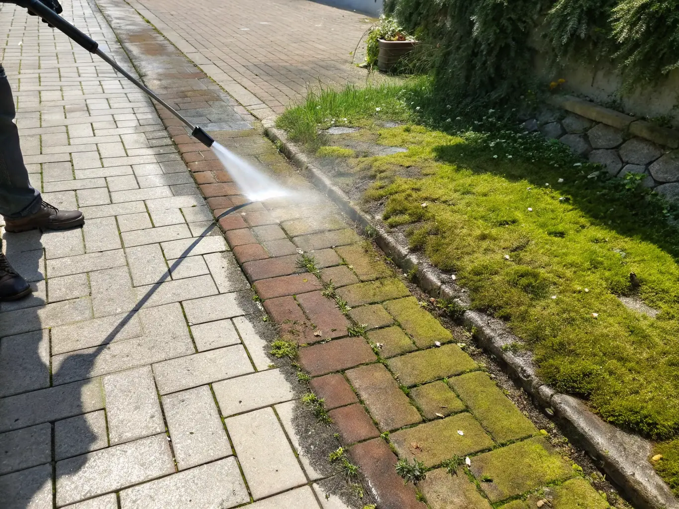 A photograph of a patio covered in algae and moss being cleaned with a pressure washer, with a clear line showing the cleaned vs. uncleaned sections, demonstrating the immediate impact of Jet Wash Innovations' patio cleaning service.