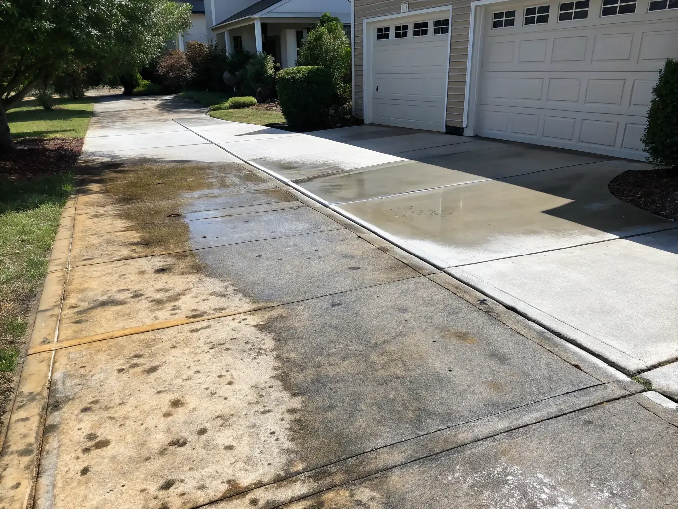 A before-and-after image showcasing a heavily stained driveway being transformed to a pristine, clean surface after a pressure washing service by Jet Wash Innovations, emphasizing the dramatic improvement and effectiveness of the service.