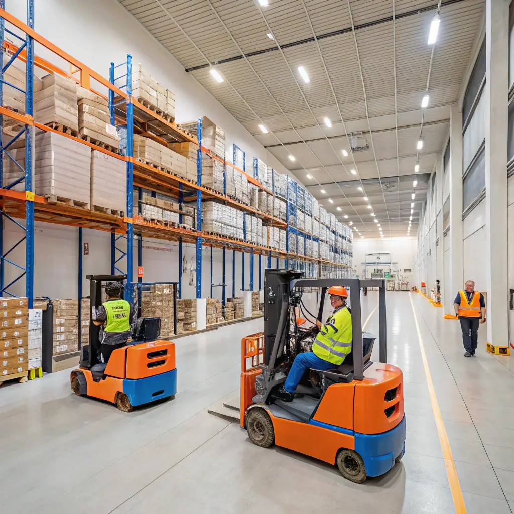 A modern warehouse interior filled with various beverage products, showcasing efficient logistics and distribution operations. The image should convey a sense of organization, technology, and seamless movement of goods.