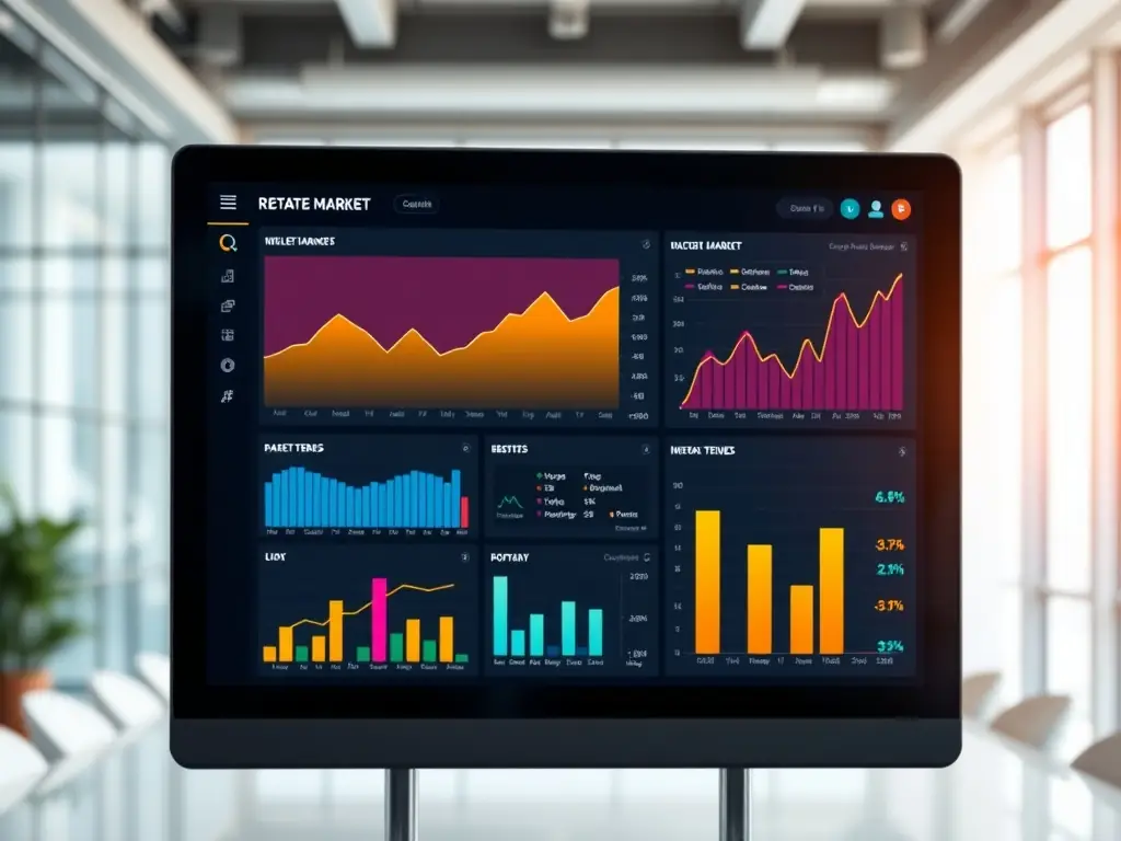 A sleek image of a real estate property with overlay graphics of analytics and video content.